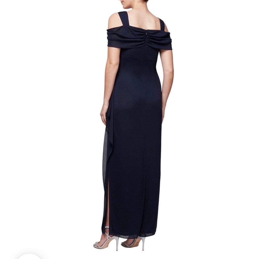 Alex Evenings Off Shoulder Gown Blue Chiffon Bead Embellished Dress Size 10 - Picture 3 of 7